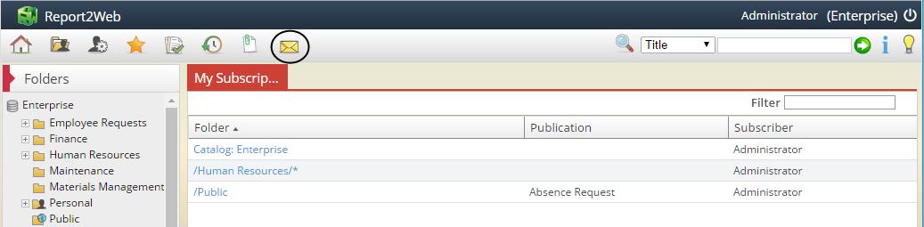 Screenshot showing end user access to manage existing subscriptions via the My Subscriptions list view